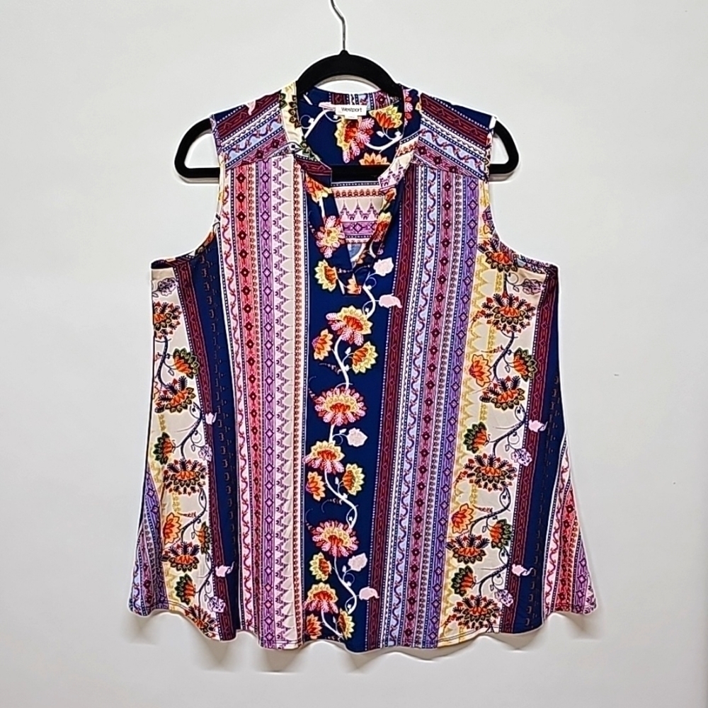 Dressbarn Boho Floral Stripe Print Knit Top, Sleevless, Colorful, Size Large